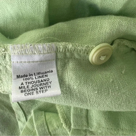 Flax 100% Linen Dress Small Green Button Down Pockets Long Sleeve Tunic Pleated - Picture 5 of 13